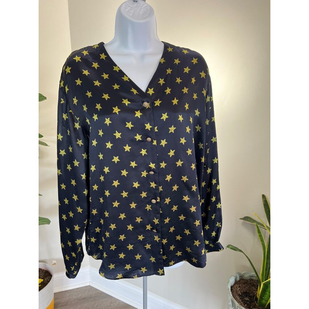 KASPER‎ BLOUSE 100% Silk Size 8 Blouse Navy With Yellow Stars #409`
